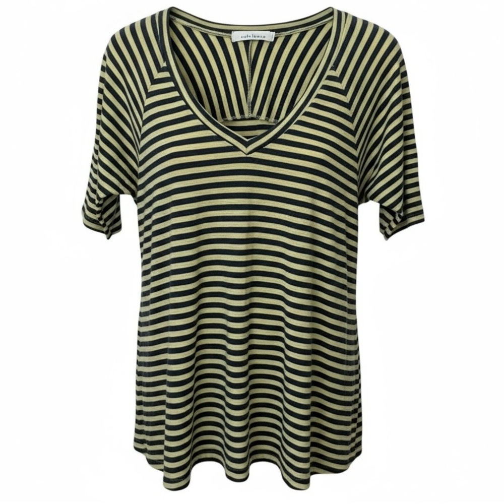 Cut-Loose Women’s Blue and Yellow Striped Top V Neck Stretch Comfort Large
